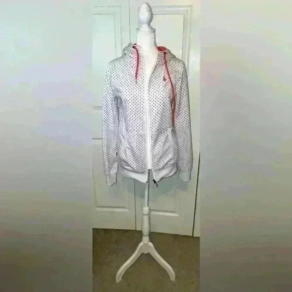 Volcolm Hooded Zip up Jacket Juniors Girls XS White with Orange Polka Dots - Picture 2 of 10